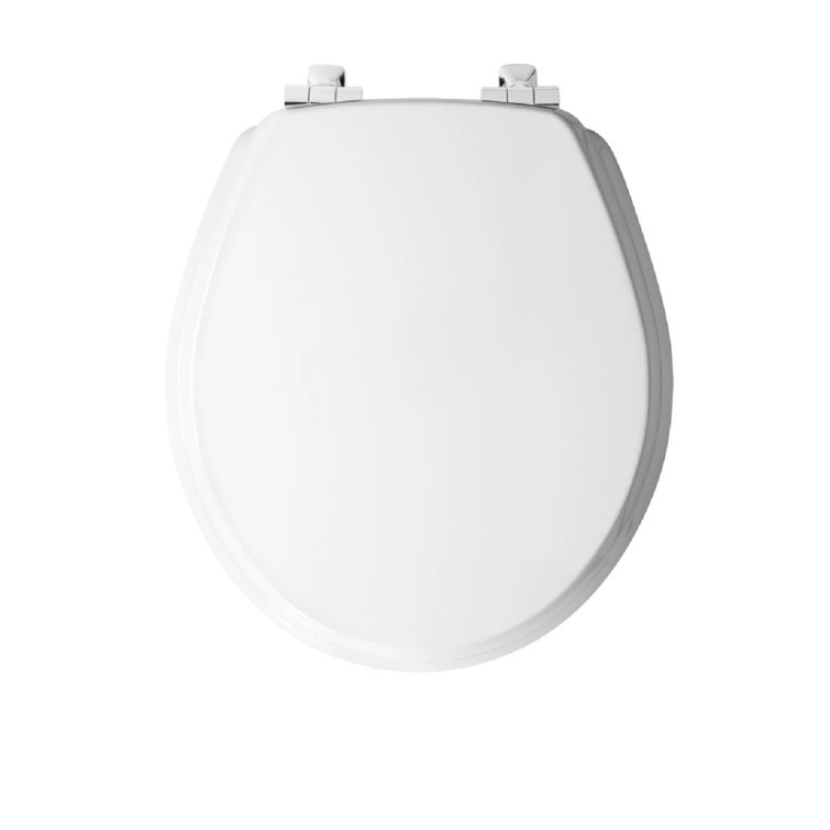 White Round Soft Close Enameled Wood Toilet Seat with Chrome Hinges