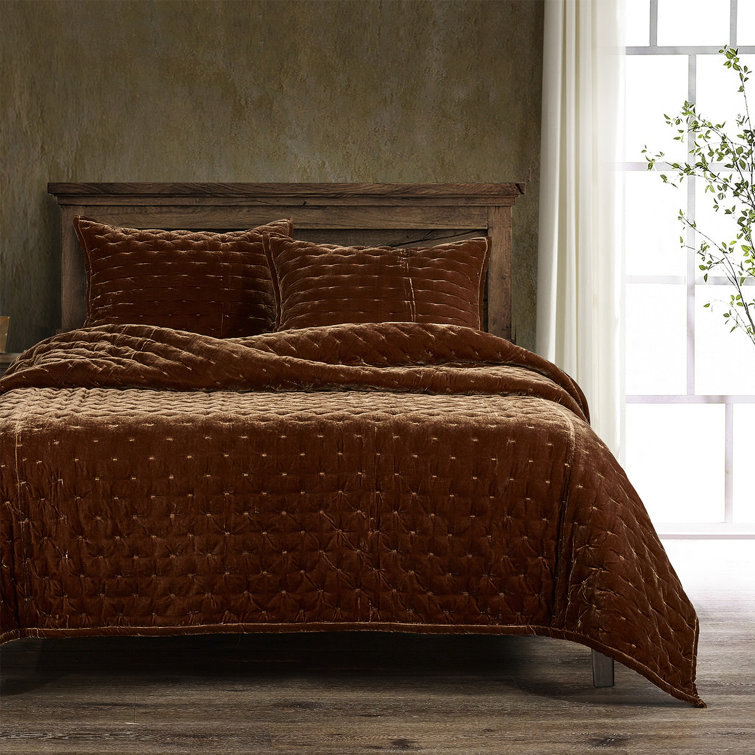Copper Brown King Velvet Quilt and Sham Set