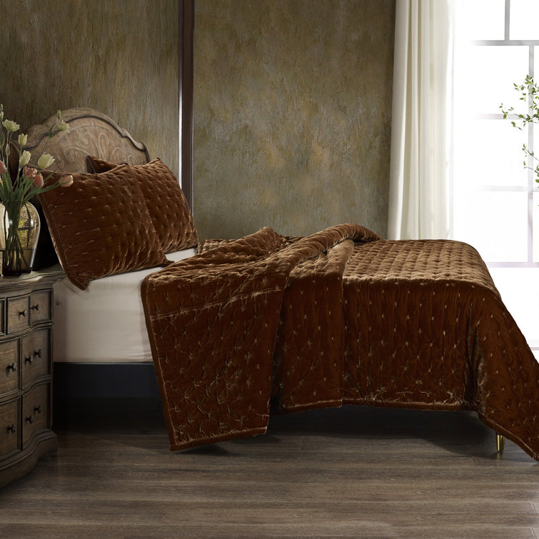 Copper Brown King Velvet Quilt and Sham Set