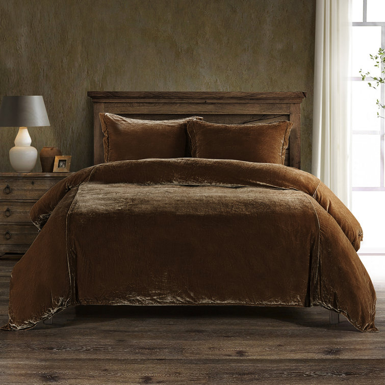 Copper Brown Queen Faux Silk Velvet Duvet Cover Set