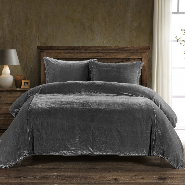Slate Gray Faux Silk Velvet Queen Duvet Cover Set