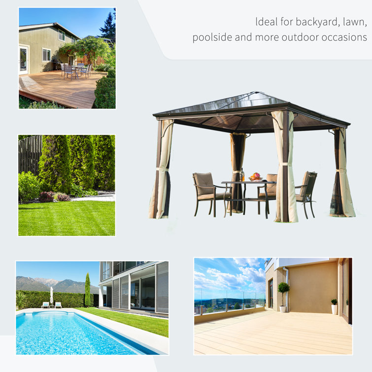 10' x 10' Brown Aluminum Hardtop Gazebo with Side Curtains