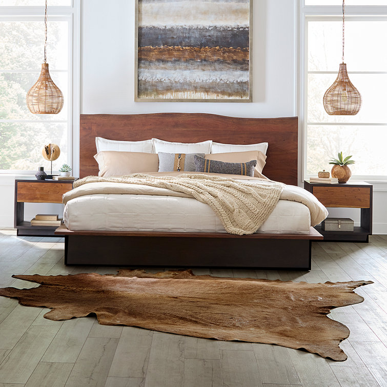 Acacia Wood Queen Bed with Live Edge Headboard in Raw Walnut Finish