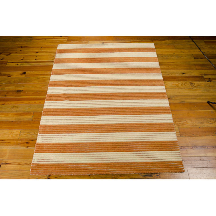 Handmade Pumpkin and Beige Wool Striped Runner Rug