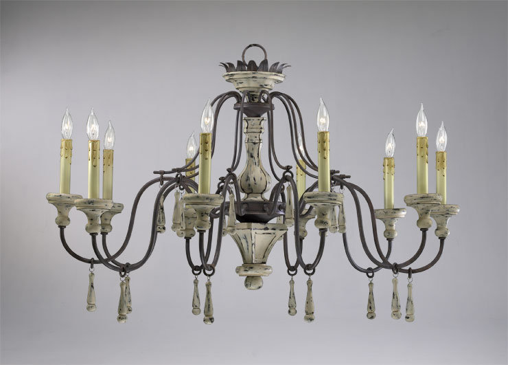 Antique Bronze and Distressed White 10-Light Candle Chandelier