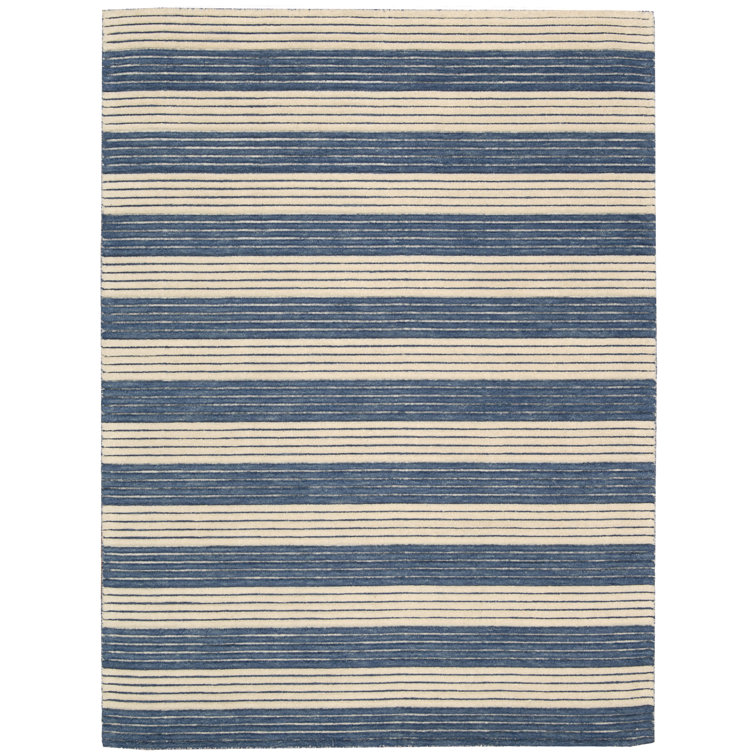 Midnight Blue and Beige Wool Stripe Flat Woven Area Rug