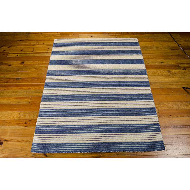 Midnight Blue and Beige Wool Stripe Flat Woven Area Rug