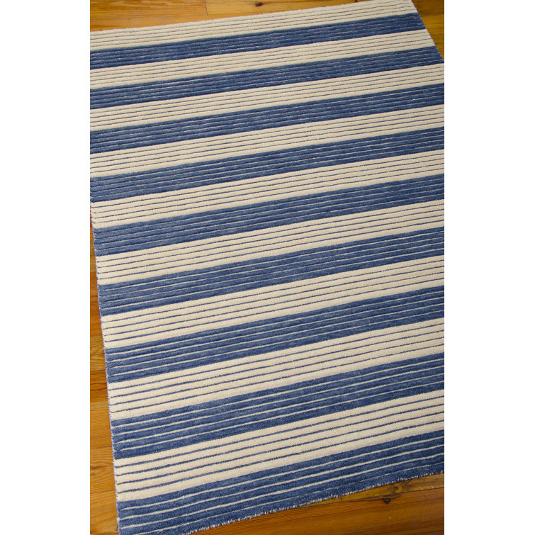 Midnight Blue and Beige Wool Stripe Flat Woven Area Rug