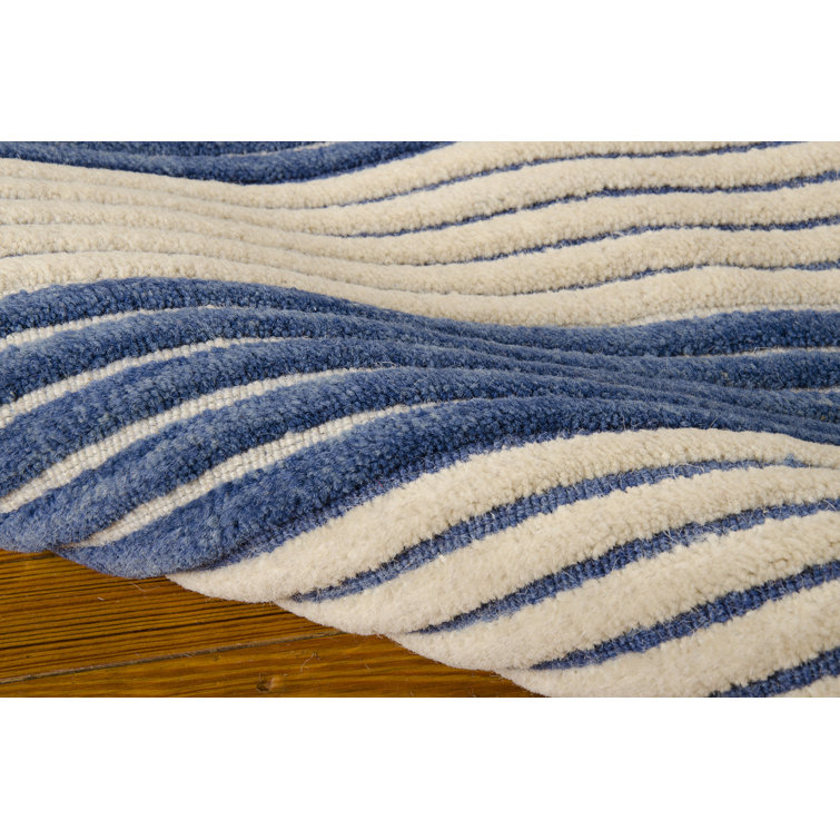 Midnight Blue and Beige Wool Stripe Flat Woven Area Rug