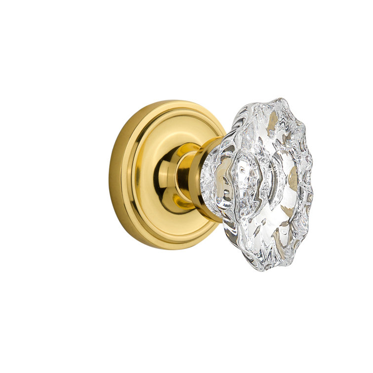 Unlacquered Brass and Crystal Passage Door Knob with Classic Rosette