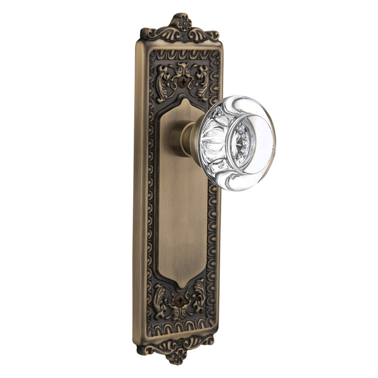 Antique Brass Egg & Dart Plate with Round Clear Crystal Door Knob