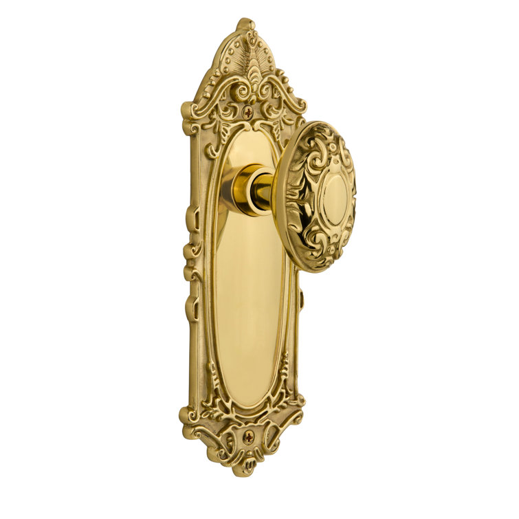 Victorian Unlacquered Brass Door Knob with Ornate Plate