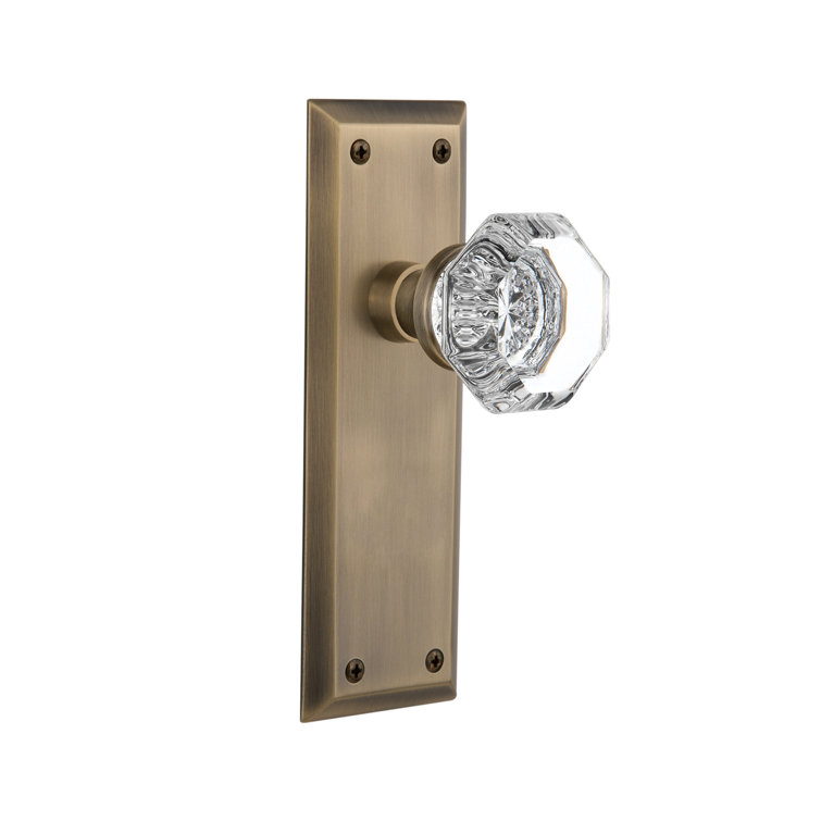 Antique Brass Plate with Clear Crystal Door Knob Set