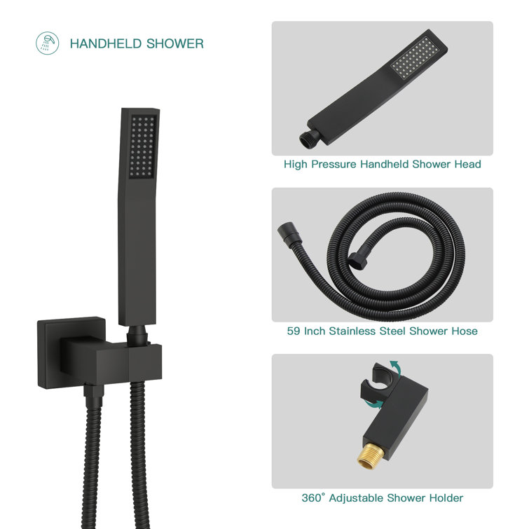 Matte Black 12" Ceiling Mounted Rain Shower System with Handheld Spray