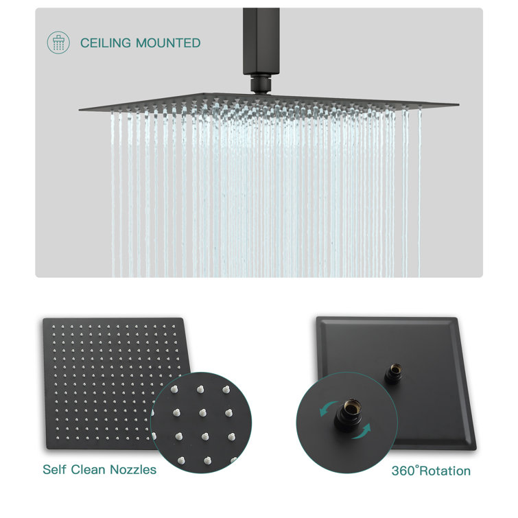 Matte Black 12" Ceiling Mounted Rain Shower System with Handheld Spray