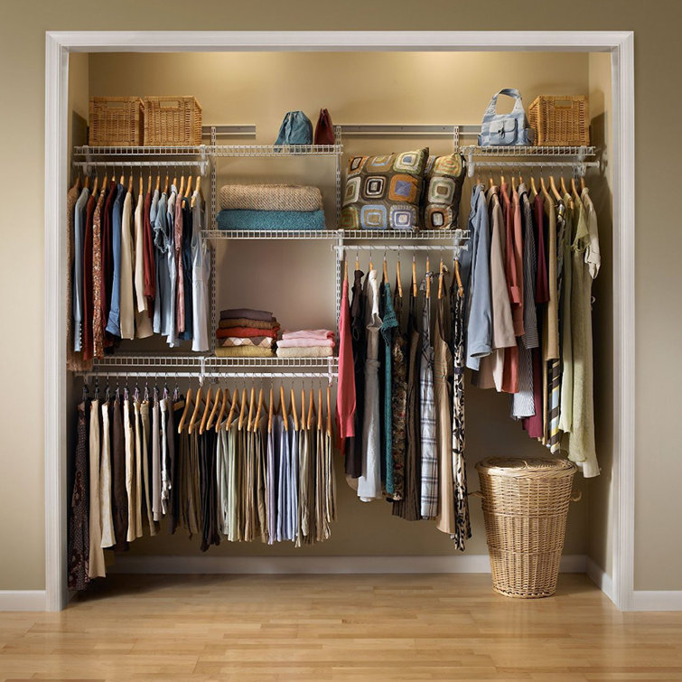 White Adjustable Wire Closet Organizer System with Shelves and Rods