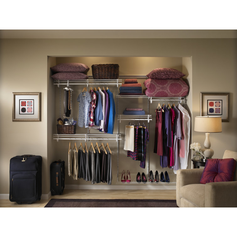 White Adjustable Wire Closet Organizer System with Shelves and Rods