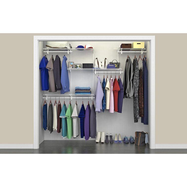 White Adjustable Wire Closet Organizer System with Shelves and Rods