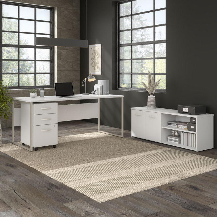 Contemporary 71'' White Corner Office Desk with Metal Legs and Drawer