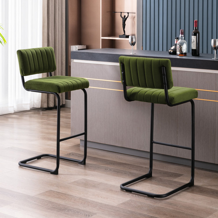 Olive Green Velvet Upholstered Bar Stools with Steel Frame, Set of 2