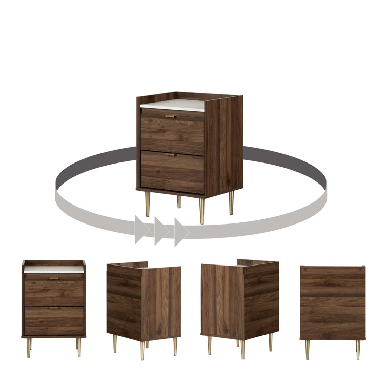Natural Walnut and White Stone 2-Drawer End Table with Brass Legs