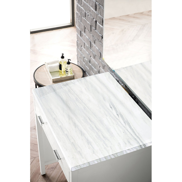 Glossy White and Carrara Marble Transitional Vanity with Drawer