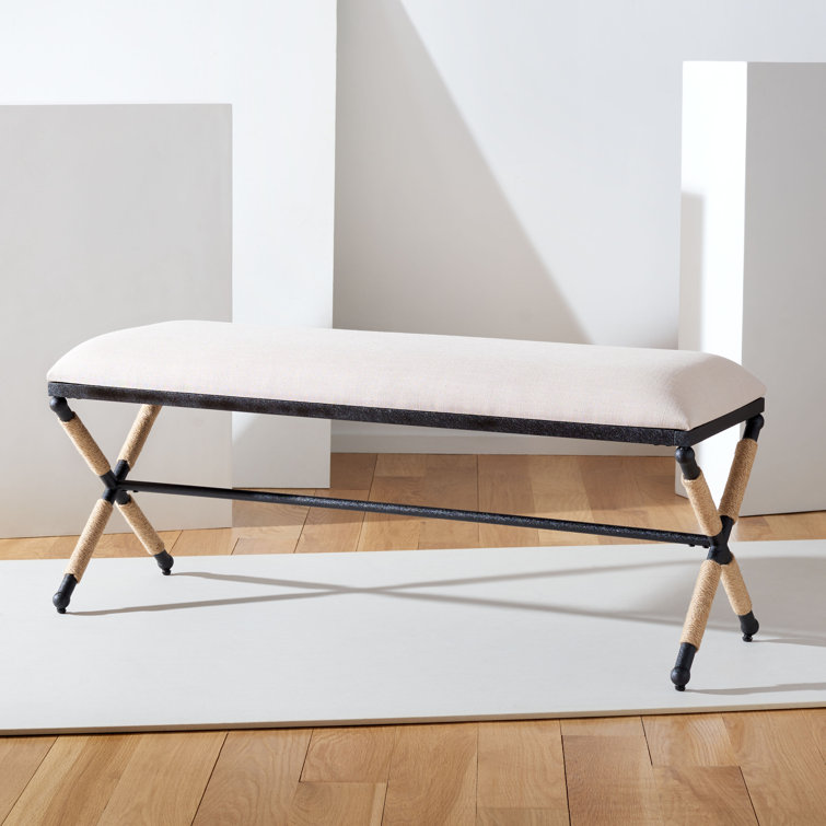 Carmelo Coastal-Chic Beige Linen & Black Wood Wrapped Bench