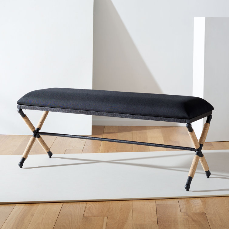 Carmelo Coastal-Chic Beige Cushioned Bench with Black Iron Base