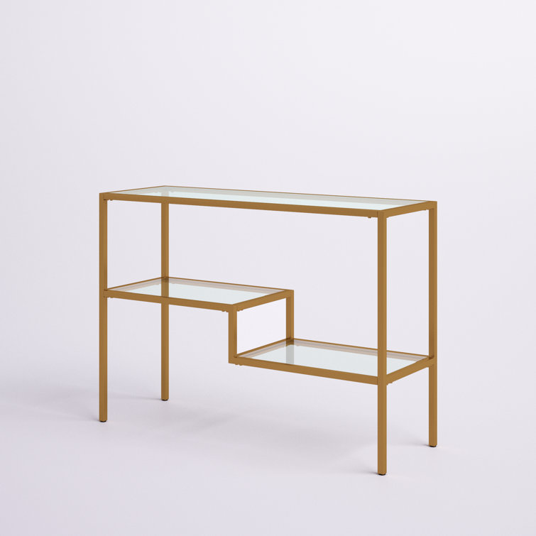 Evelyn&Zoe Lovett Modern Brushed Gold Console Table with Tempered Glass Shelves