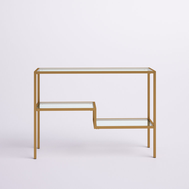 Evelyn&Zoe Lovett Modern Brushed Gold Console Table with Tempered Glass Shelves