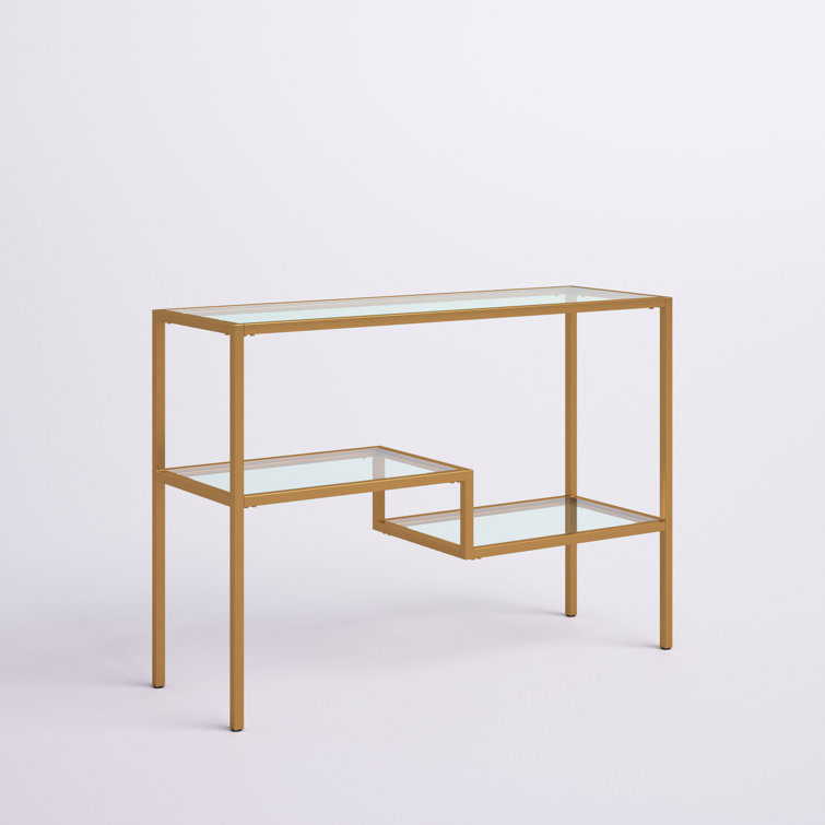 Evelyn&Zoe Lovett Modern Brushed Gold Console Table with Tempered Glass Shelves