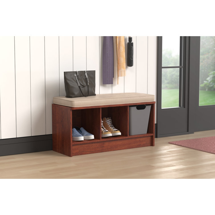 Dark Cherry Wood Storage Bench with Tan Cushion