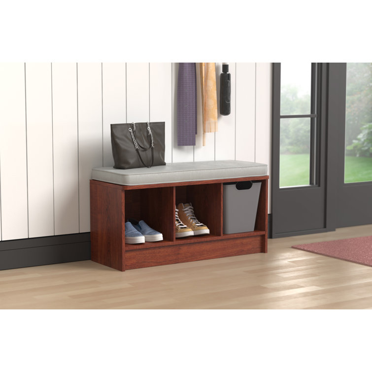 Laminated Wood 3-Cube Storage Bench with Gray Cushion