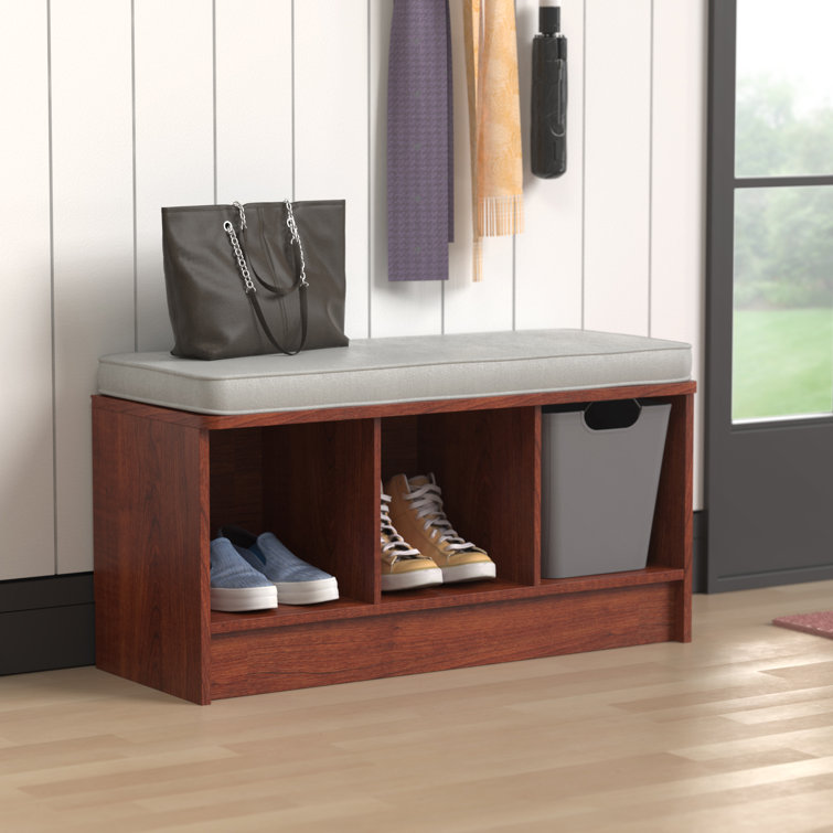 Laminated Wood 3-Cube Storage Bench with Gray Cushion