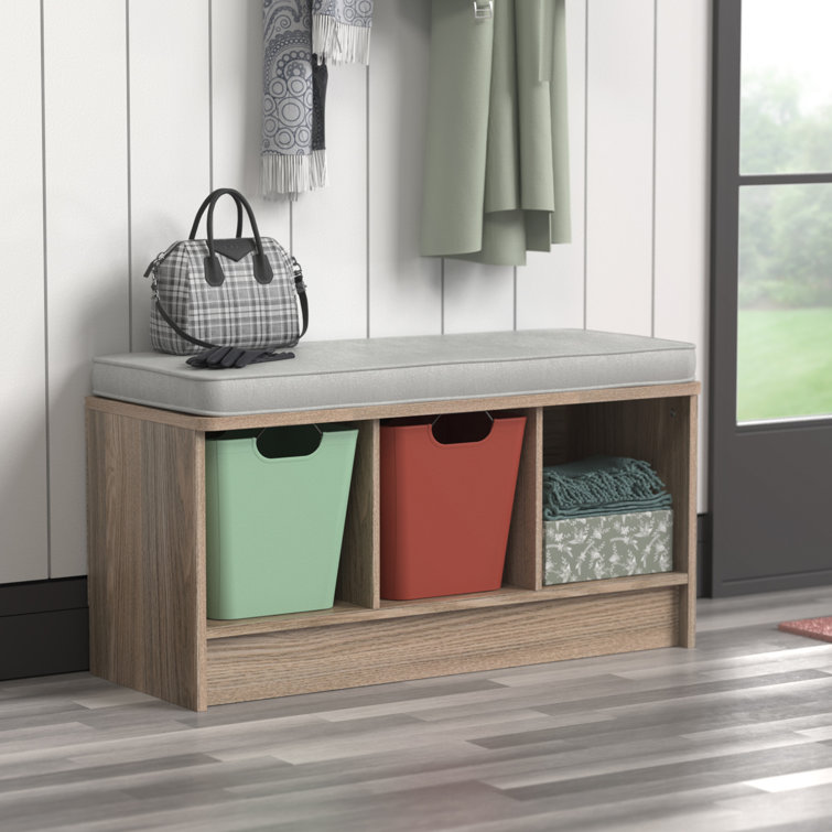 Natural Gray Composite Storage Bench with Cushioned Seat and Cubbies