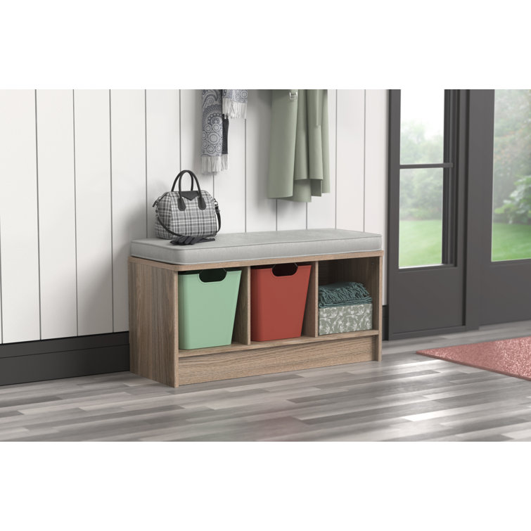 Natural Gray Composite Storage Bench with Cushioned Seat and Cubbies