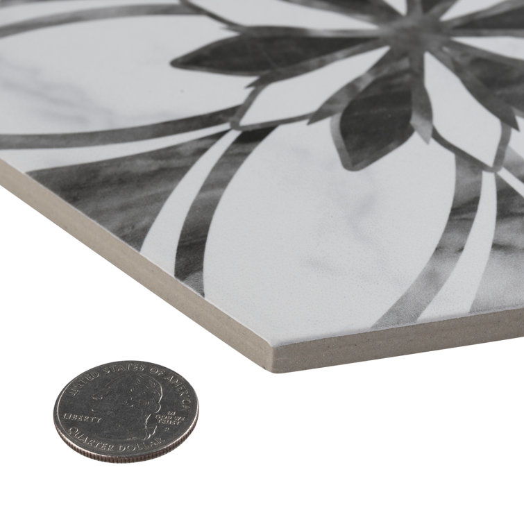 Classico Bardiglio Hex Floral 7" x 8" Porcelain Patterned Tile