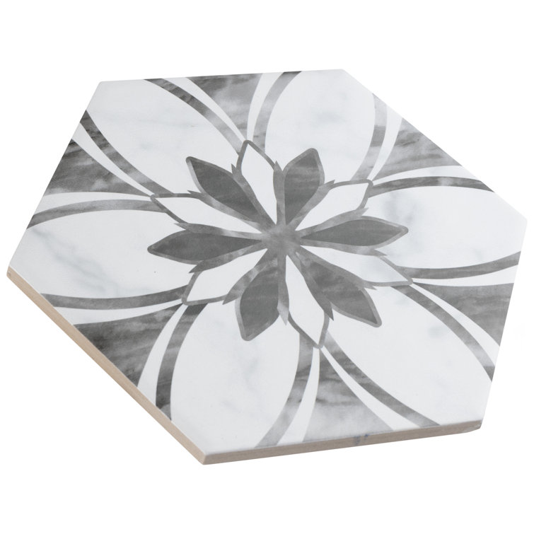 Classico Bardiglio Hex Floral 7" x 8" Porcelain Patterned Tile