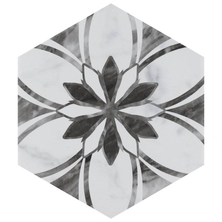Classico Bardiglio Hex Floral 7" x 8" Porcelain Patterned Tile