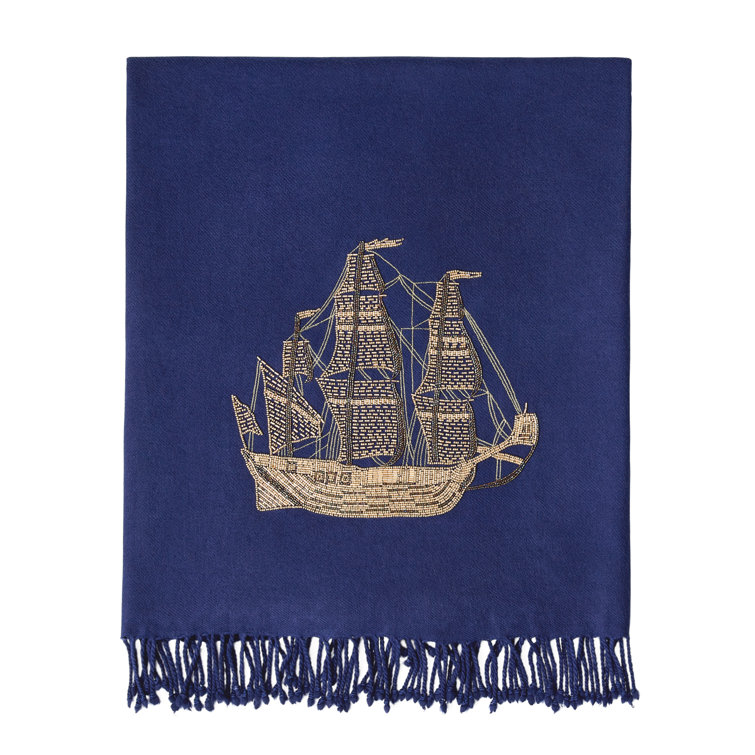 Navy Blue Hand Woven Wool Throw with Ship Embellishment