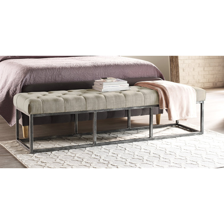 Ivory Tufted Upholstered Bench with Iron Legs