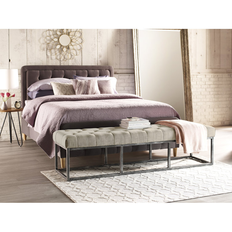 Ivory Tufted Upholstered Bench with Iron Legs