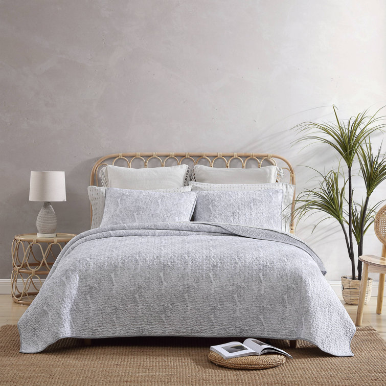 Reversible Gray Cotton Twin Quilt Set with Fern Design