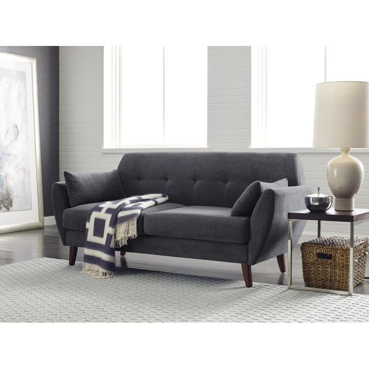 Slate Gray Tufted Microfiber Mid-Century Modern Loveseat with Pillows