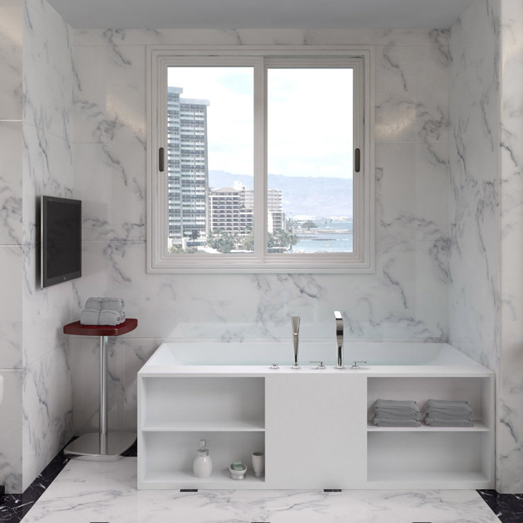 Matte White Stone Resin Freestanding Bathtub with Shelves