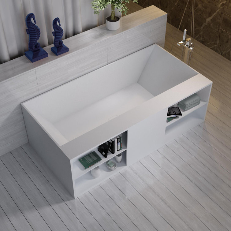Matte White Stone Resin Freestanding Bathtub with Shelves