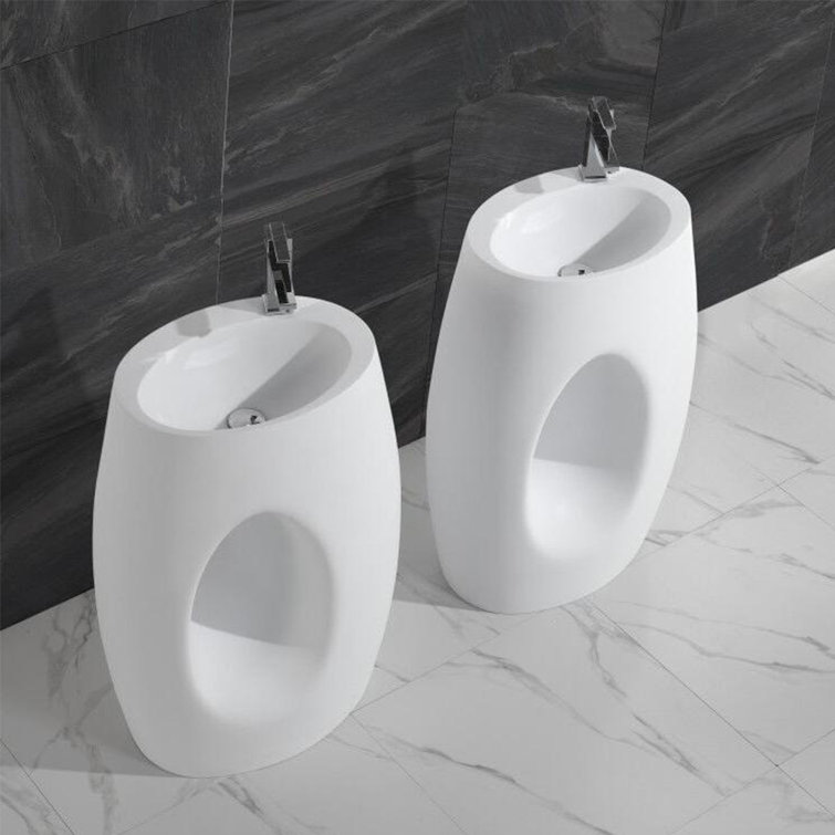 Glossy White Stone Resin Oval Pedestal Sink