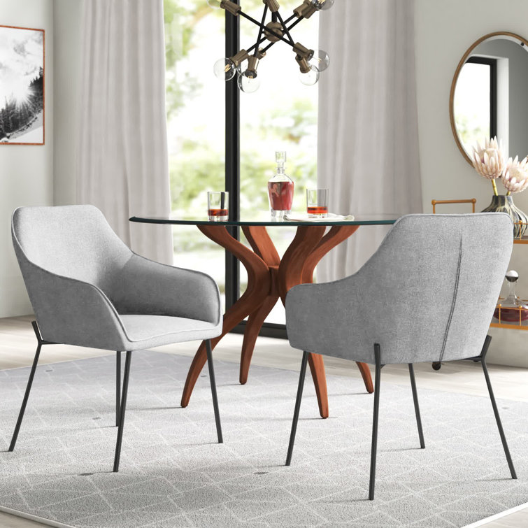 Daniella Gray Upholstered Arm Chairs with Black Metal Legs, Set of 2