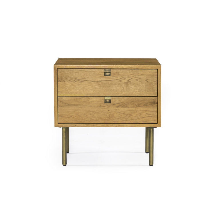 Natural Oak 2-Drawer Nightstand with Brass Hardware