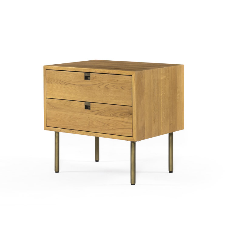 Natural Oak 2-Drawer Nightstand with Brass Hardware
